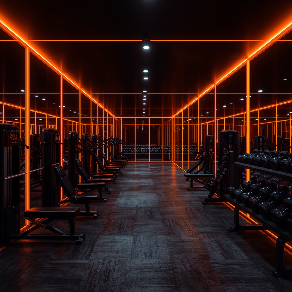 A state-of-the-art premium fitness gym interior with modern equipment, dramatic neon accent lighting in orange and black, rows of weight machines and free weights, cinematic wide angle shot, no people, no women